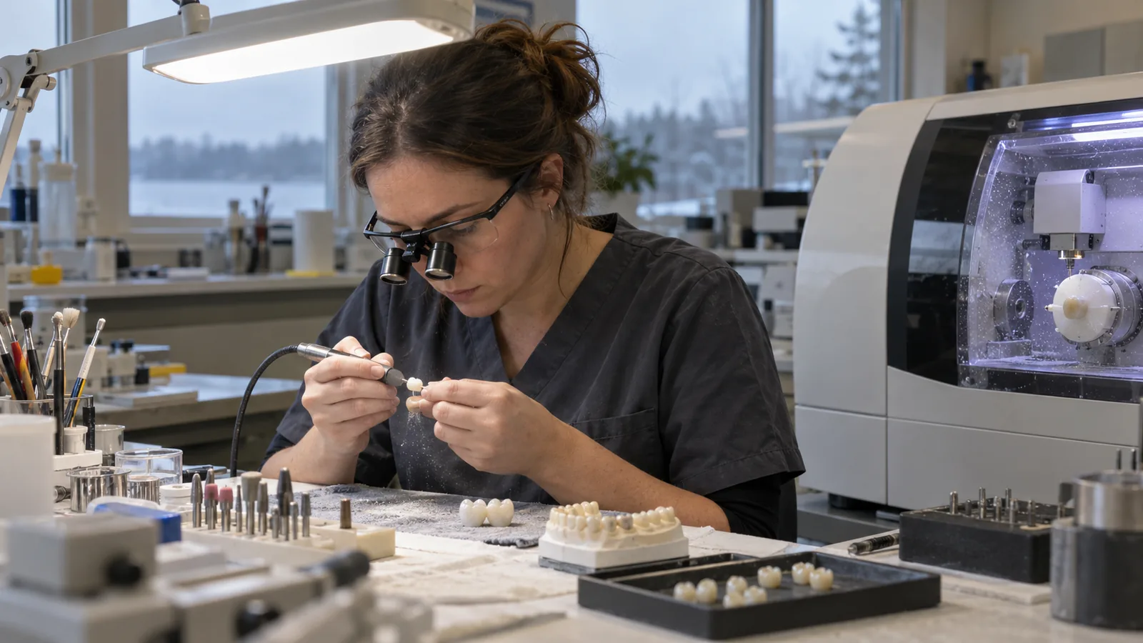 A dental technician in magnifying loupes shapes a ceramic crown at a lab bench lit by a bright task lamp beside a small milling machine