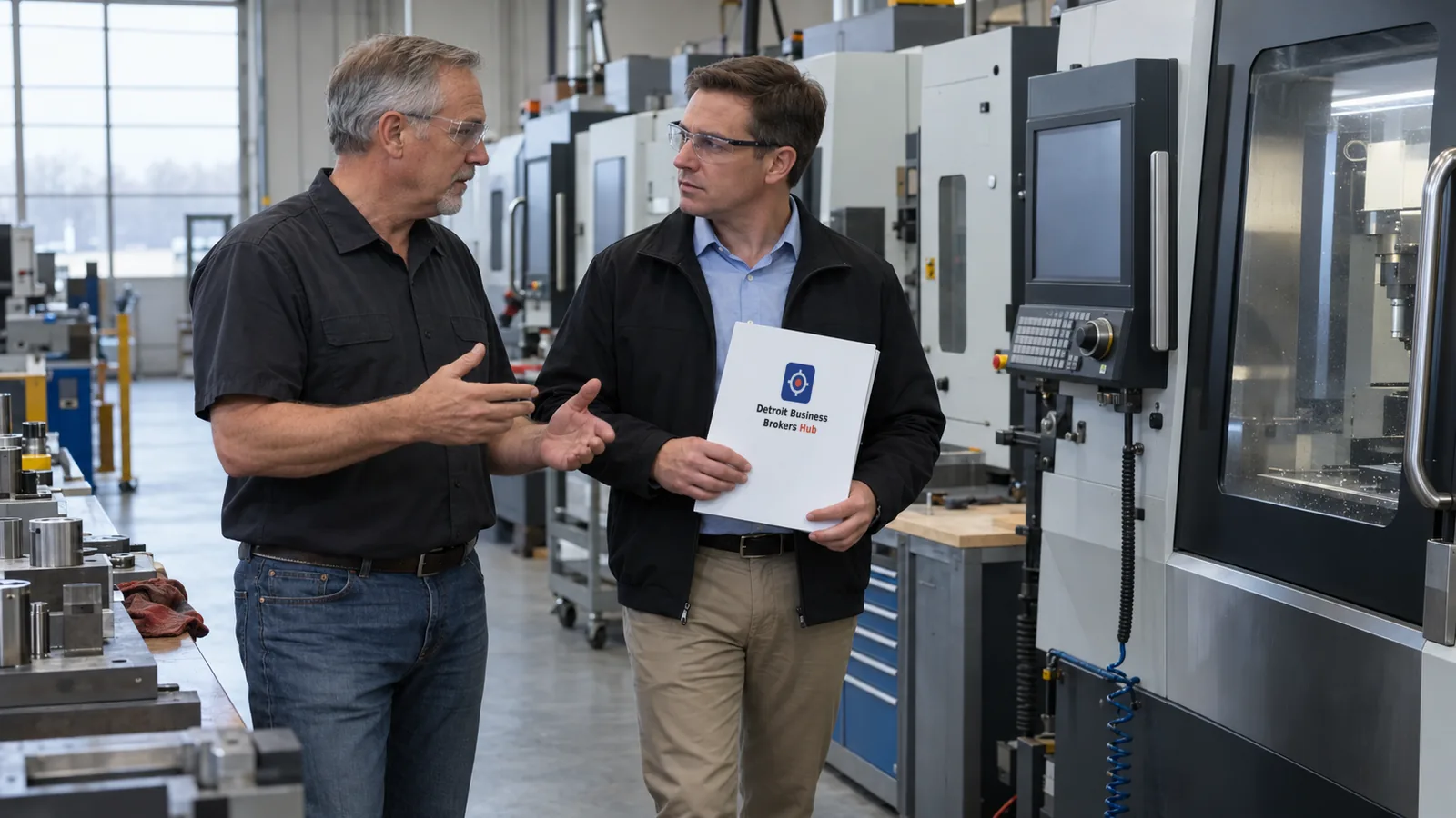 A machine shop owner in safety glasses talks with a visitor holding a white folder beside a row of CNC machines on a clean shop floor