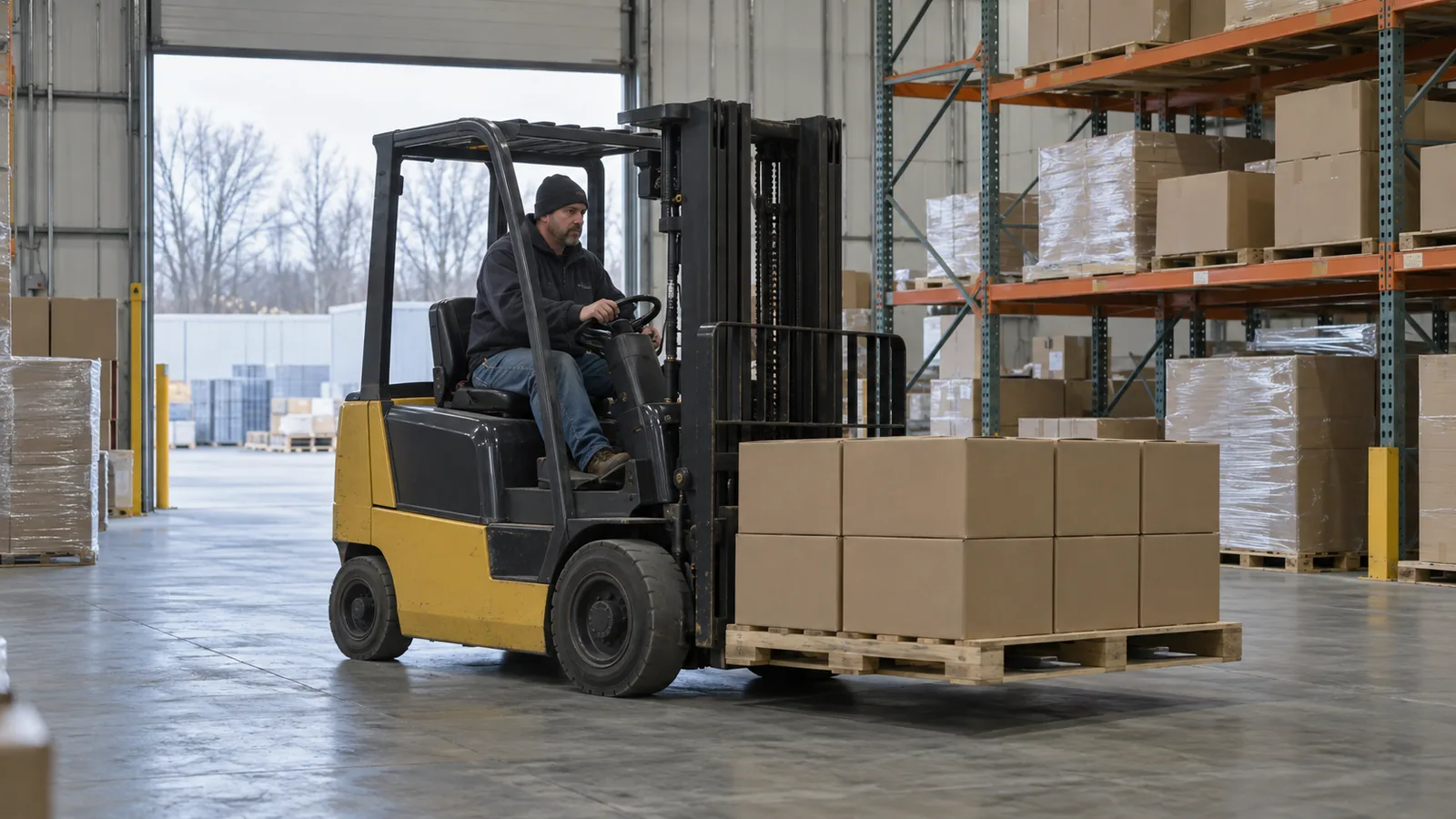 A forklift driver moves a pallet of boxed parts past steel racking inside a tidy light industrial warehouse with a roll up door open