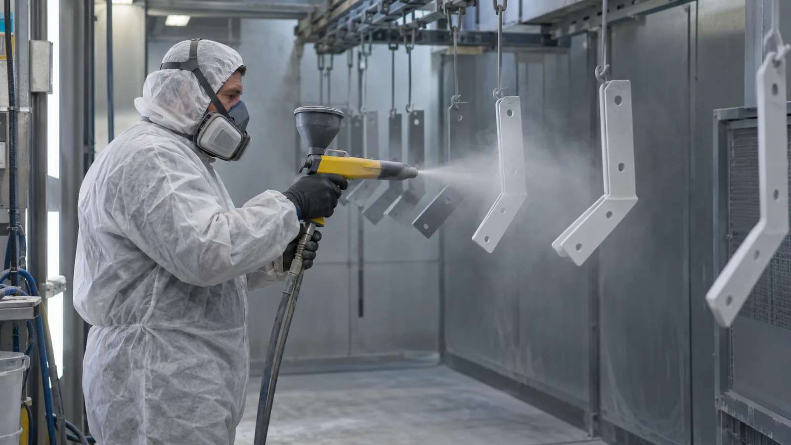 A worker in a respirator and coveralls sprays powder onto metal brackets hanging from a conveyor line inside a booth