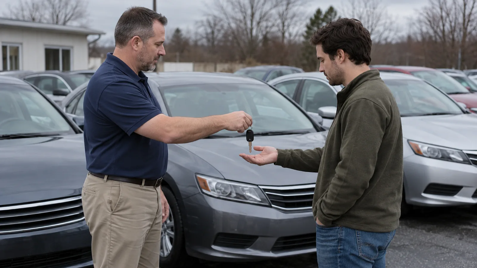 A salesman in a polo shirt hands a set of keys to a customer next to a row of used sedans on a small dealership lot on a gray day
